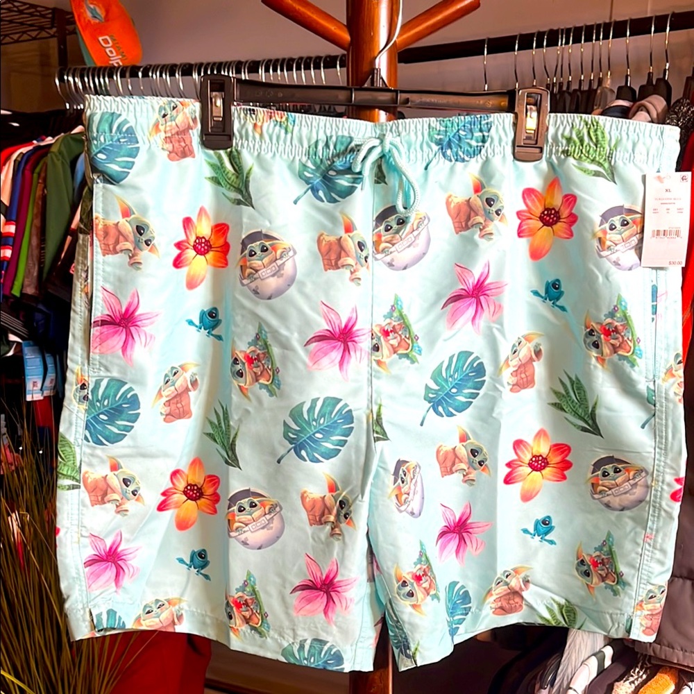 Star Wars Baby Yoda Light Aqua Floral Men’s Swim Trunks